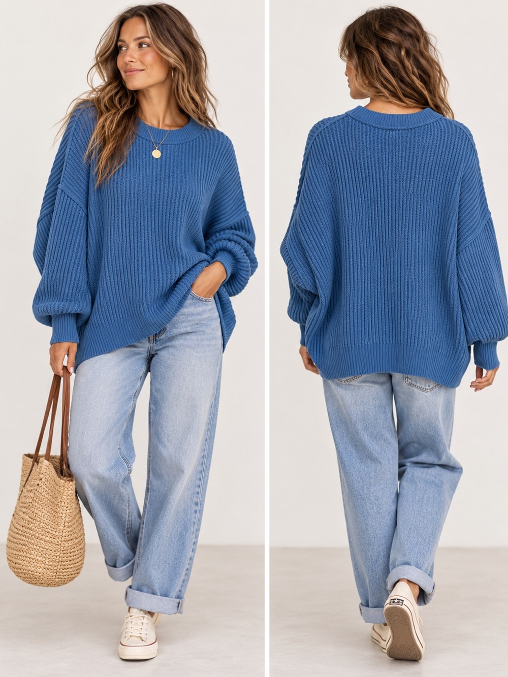 aerie Denim Blue Ribbed Minimalist Coastal Crewneck Relaxed Sweater Small Petite